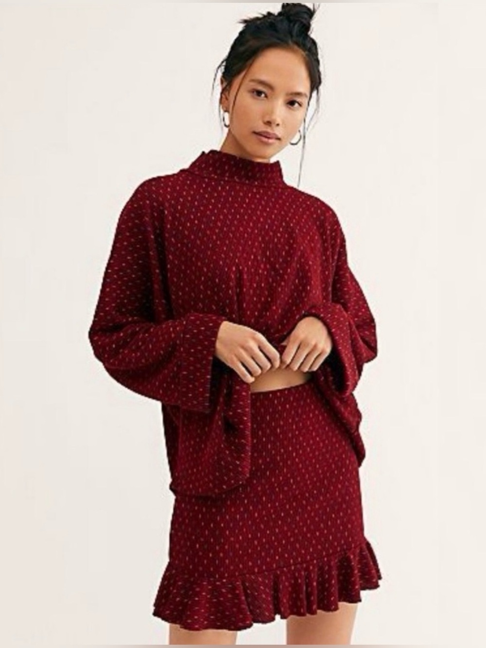 Free People Set the Mood Burgundy Set Sweater Knit + Mini Skirt Small NWOT